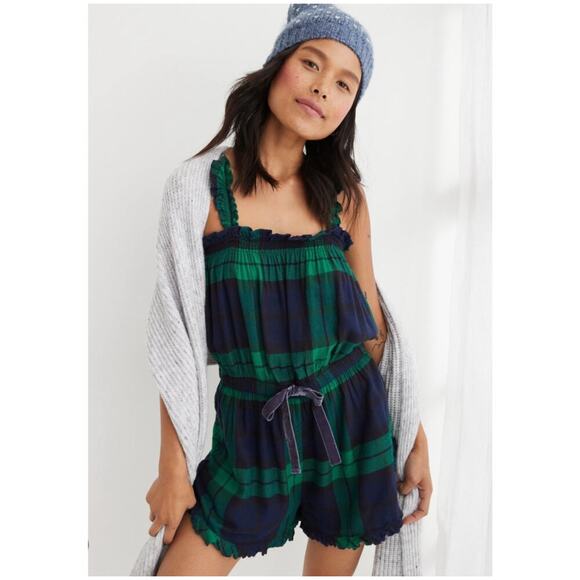 Aerie Other - NWT Aerie Plaid Ruffle Romper Sleepwear Green Blue Size XS